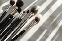 Professional makeup brushes with soft bristles arranged on white surface with dramatic shadow lines, essential tools for beauty artists.