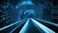 Futuristic blue tunnel with glowing digital particles and light trails creating dynamic motion effect along illuminated pathway. Technology concept background.
