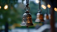 Ornate metal bell hanging from evergreen branch with warm bokeh lights creating festive holiday atmosphere for seasonal decorations and celebrations.