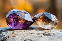 Raw amethyst and smoky quartz crystals with faceted cuts displayed on natural wood in warm sunlight, showcasing purple and brown mineral formations with geometric angles.