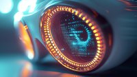 Futuristic cyber eye with glowing orange and blue digital interface displaying binary code pattern in dark technological environment. Surveillance concept.