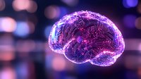 Glowing purple brain shape with digital circuit patterns floating on dark background with bokeh lights, representing artificial intelligence and neural networks.
