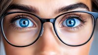 Close up view of bright blue eyes with long eyelashes seen through stylish black-rimmed eyeglasses against light background, showing vision care and optical fashion.