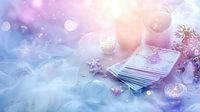 Mystical tarot cards arrangement with glowing crystals and ethereal bokeh lights in dreamy pink and blue tones, creating magical divination atmosphere.