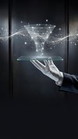 Businessman hand holding tablet with digital funnel hologram and network connections for data filtering and conversion optimization in modern office.