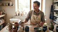 Male potter working with ceramic bowls and mugs in bright pottery studio workshop. Professional artisan crafting handmade pottery pieces on wooden table.