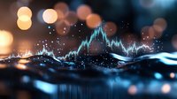 Glowing financial chart with bokeh lights floating over reflective dark surface, showing market data visualization and trading analysis trends in blue tones.