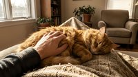 Cozy indoor scene of a ginger tabby cat sleeping on a blanket while a human hand gently pets it in a warm sunlit living room.