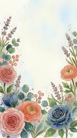 Watercolor floral border with pink and navy roses, lavender sprigs, eucalyptus, and red berries on a soft pastel background with copy space.