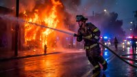 Firefighter in protective gear battles intense house fire with water hose during nighttime emergency response operation with dramatic flames and smoke.