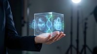 Businessman holding holographic cube displaying cybersecurity icons including DNA strand, fingerprint scan, and padlock in futuristic digital interface.