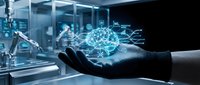 Young professional male in business attire holding glowing digital brain with data analytics icons, representing artificial intelligence, machine learning, and technology innovation in modern office setting.