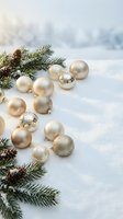 Champagne and gold ornaments arranged on snow with evergreen branches and pinecones, winter holiday decoration and seasonal celebration concept.