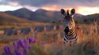 Zebra standing in golden grassland with purple wildflowers at sunset, herd grazing in background against mountain landscape in African savanna wilderness.