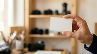 Cropped hand holding blank white card in modern workspace with shelves displaying camera equipment and supplies in soft natural light.