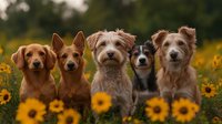 Five adorable mixed breed dogs sitting together in blooming sunflower field during golden hour, looking at camera with happy expressions, outdoor pet portrait.
