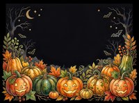 Autumn harvest frame with carved jack-o-lantern pumpkins, gourds, fall foliage, bare branches, moon and stars on dark background. Isolated design element for seasonal greeting cards, invitations, posters.