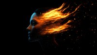 Female profile silhouette with glowing flame hair effect against dark background, sparks and embers floating in space creating mystical atmosphere.