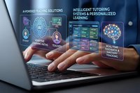 Hands typing on laptop with holographic AI education interface displaying intelligent tutoring systems and personalized learning analytics.