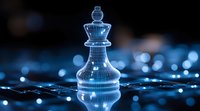 Glowing translucent chess king piece on reflective surface with blue bokeh lights in background, representing strategy and leadership in business concept.