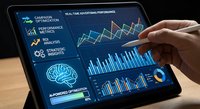 Business analytics dashboard on tablet screen showing financial charts, graphs and performance metrics for data-driven decision making and strategy.