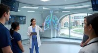 Female doctor presenting holographic lung anatomy to medical team in modern hospital training room with digital displays and futuristic technology.