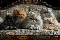Group of Persian cats with different fur colors lounging together on an ornate vintage sofa, showcasing their luxurious long coats and distinctive flat faces.