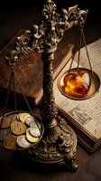 Ornate bronze scales of justice with amber gemstone and gold coins on vintage books creating dramatic legal and wealth concept composition.