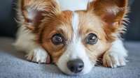 Close up portrait of brown and white Papillon mix dog with bright blue eyes lying on grey couch, looking directly at camera with alert expression.