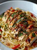 Grilled chicken breast sliced over creamy pasta with herbs and tomatoes in white bowl for restaurant menu or cooking blog content.