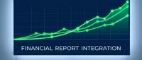 Financial report integration concept with upward trending green arrow graph on blue grid background showing business growth and data analysis.