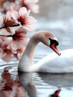 Elegant white swan swimming under blooming cherry blossoms, creating peaceful spring atmosphere with soft pink petals and calm water reflections.