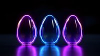 Glowing neon eggs with purple and blue light effects on dark background, reflective surface creates futuristic atmosphere for modern design projects.