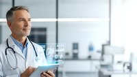 Middle-aged Caucasian male doctor using digital tablet with holographic medical interface in modern hospital setting for healthcare technology applications.