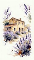 Watercolor painting of rustic stone farmhouse surrounded by blooming lavender fields in countryside setting with purple flowers and warm earth tones.