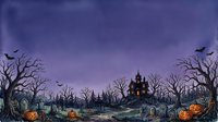 Spooky Halloween landscape with haunted house, jack-o-lanterns, bare trees and flying bats under purple twilight sky for seasonal decorations.