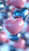 Glossy pink and blue heart shapes floating in dreamy soft-focus background. Romantic valentine concept with metallic balloon-like hearts creating depth and dimension.