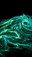 Luminescent liquid swirls in vibrant emerald and cyan tones against dark background, creating flowing abstract patterns. Suitable for modern design, backgrounds, and creative projects.