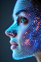Female profile with glowing blue digital grid pattern projected on face, highlighting facial features against dark background. Futuristic biometric scanning concept.