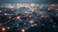 Abstract network of glowing light points connected by thin lines against dark background, representing digital connectivity and technology.