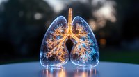 Glowing translucent human lungs with illuminated bronchial tree structure against dark background, medical visualization showing respiratory system anatomy.