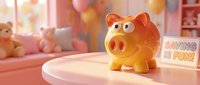 Orange piggy bank on table in bright children's room with toys and balloons, promoting financial literacy and savings habits for kids.