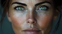 Close up portrait of young Caucasian woman with striking green eyes, natural makeup, and glowing skin showing confidence and serenity. Perfect for beauty and wellness.