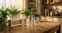 Wooden kitchen counter with green plants in glass bottles and wooden crate, creating natural home decor atmosphere with warm lighting and shelving background.