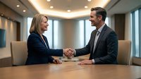 Two professionals shaking hands across wooden table in modern office conference room with contemporary lighting and floor-to-ceiling windows, representing business agreement, partnership, deal closure, and corporate collaboration.