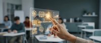 Hand touching transparent digital interface with learning and development icons in modern office environment with blurred colleagues working in background.