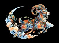 Ornate Chinese zodiac goat with colorful floral patterns and clouds, isolated on transparent background, for T-shirts, stickers, and print on demand.