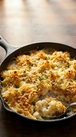 Creamy baked cauliflower gratin with golden cheese crust and fresh herbs in cast iron skillet on rustic wooden table for comfort food recipes.