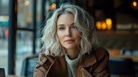 Young blonde woman with wavy hair wearing brown leather jacket and white sweater sitting in cafe with bokeh lights background. Atmospheric evening portrait for lifestyle and fashion content.