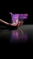 Hand holding glowing neon shopping cart with online store text on dark background. Retail and e-commerce concept for digital marketing and business promotion.
